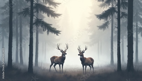 Obraz na płótnie Two deer stand misty forest, surrounded by tall trees and fog. Serene scene evokes calm, tranquility. Natural environment scenery suitable for nature, wildlife, eco-friendly themes. w salonie