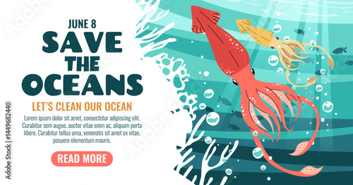 World Oceans Day Banner Featuring a Gliding Squid in the Ocean with Air Bubbles. Marine Life Design for Conservation Awareness on Social Media and Websites.