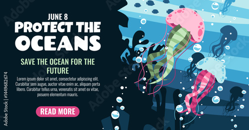 World Oceans Day Horizontal Banner. Jellyfish and Coral Reefs with Seaweed. Protect and Preserve Our Oceans. Marine Conservation Design for Websites, Social Media and Print.