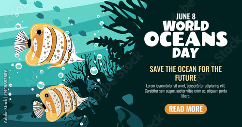 World Oceans Day Horizontal Banner Featuring Butterflyfish and Coral Reef. Celebrate Marine Biodiversity and Support Reef Conservation Efforts. Vibrant Vector Illustration.