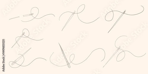 Hand drawn needle with thread doodle simple icon, line embroidery decoration. Curvy thread sewing, tailor tool silhouette. 