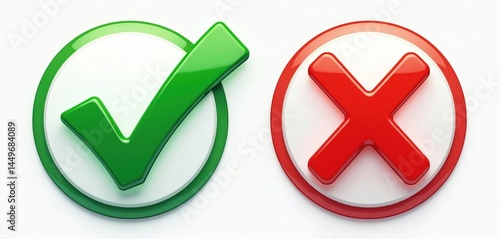 Obraz na płótnie Illustration of green check mark, red cross symbols on white background. Positive, negative signs for web, app, interface, design. Check mark means yes, approval, correct choice. Cross mark means no, w salonie