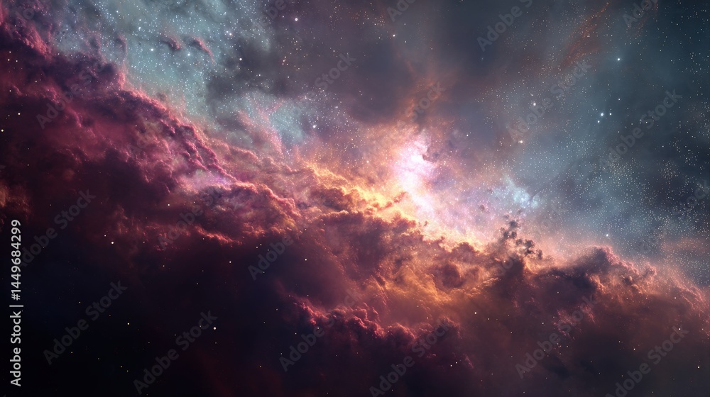 Fototapeta premium A breathtaking view of a nebula, swirling clouds of gas and dust illuminated by distant stars. Shades of pink, orange, and purple create a mesmerizing cosmic landscape.