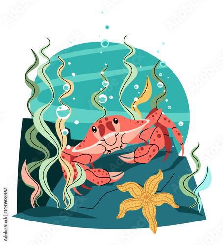 Crab and Seaweed Isolated on White Background. Marine Life Vector Illustration for Ocean Conservation Projects and Educational Materials. Flat Design Style.