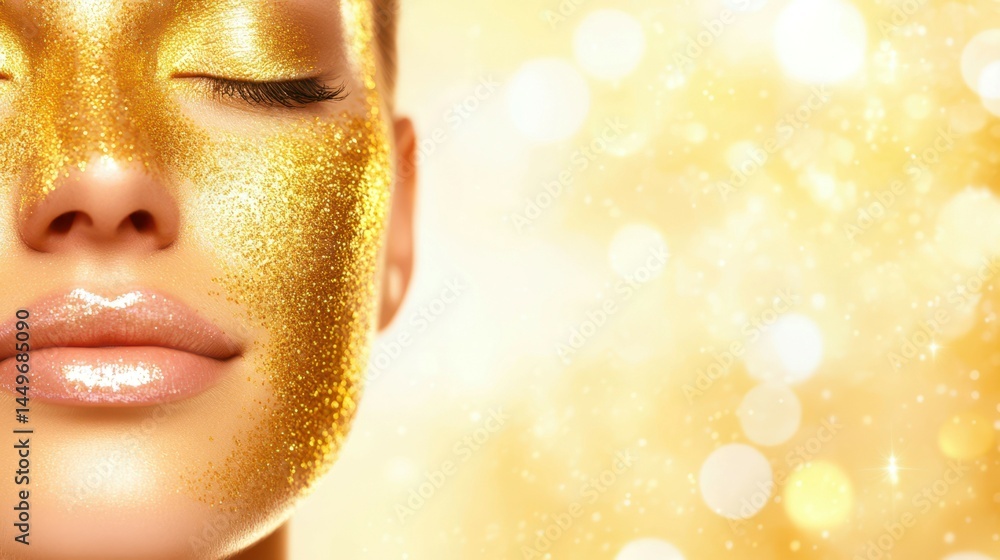 Golden Radiance: A close-up portrait of a woman with golden glitter makeup, her eyes closed in peaceful serenity. Golden Radiance: A close-up portrait of a woman with golden glitter makeup, her eyes closed in peaceful serenity.