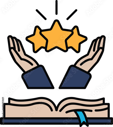 A hand holding three stars in the air, with an open book in the background