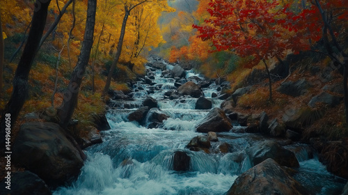 Autumn Forest Stream with Colorful Red and Yellow Leaves