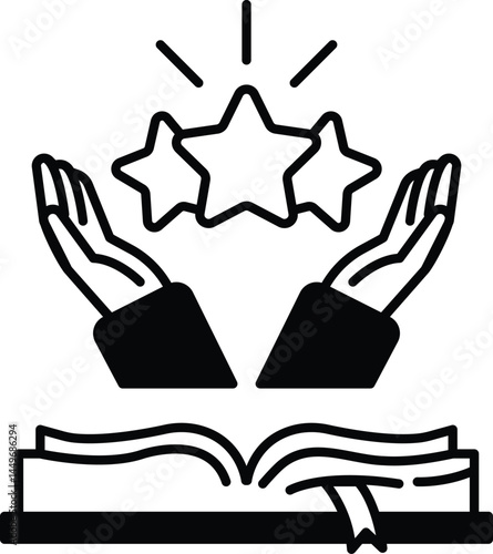 hand holding three stars in the air with an open book in the background