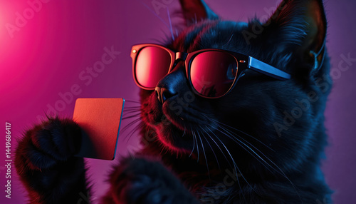 Black cat wearing sunglasses holding credit card. Modern concept for finance, online shopping, banking, paying. Isolated on purple neon background. Stylish cat in studio. Funny animal portrait.