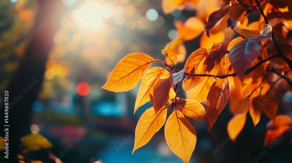 Fototapeta premium Closeup of orange leaves on a branch with sunlight shining through. Autumnal foliage in the park with warm colors and blurry background.