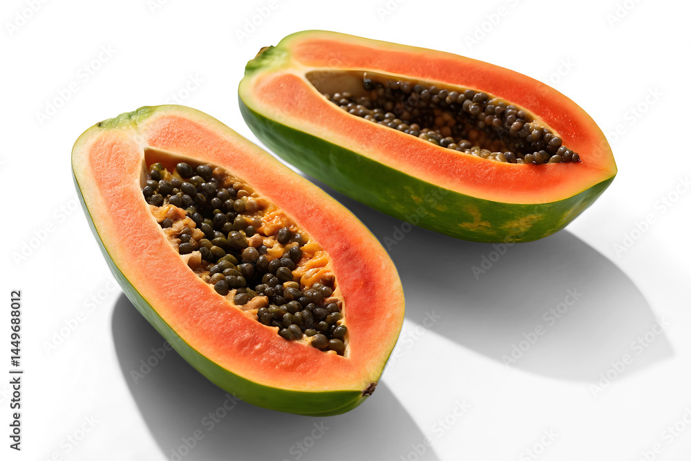 A papaya, cut in half, is displayed on a white or transparent background A papaya, cut in half, is displayed on a white or transparent background