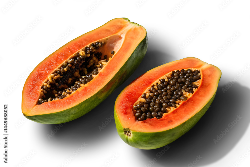A papaya, cut in half, is displayed on a white or transparent background A papaya, cut in half, is displayed on a white or transparent background