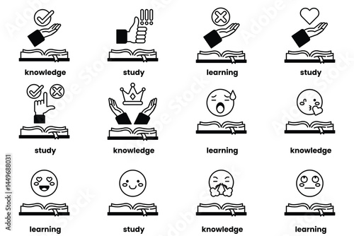 Set of illustrations in the concept of Books and knowledge in a line style