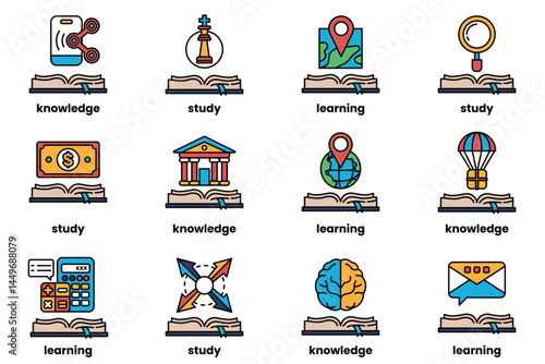 Set of illustrations in the concept of Books and knowledge in a line style