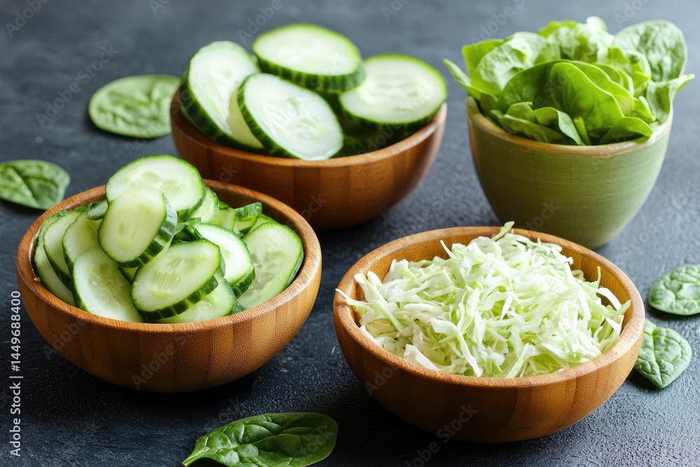 Fresh, sliced cucumber, spinach, and shredded cabbage in wooden bowls Healthy ingredients for salads or recipes Fresh, sliced cucumber, spinach, and shredded cabbage in wooden bowls Healthy ingredients for salads or recipes