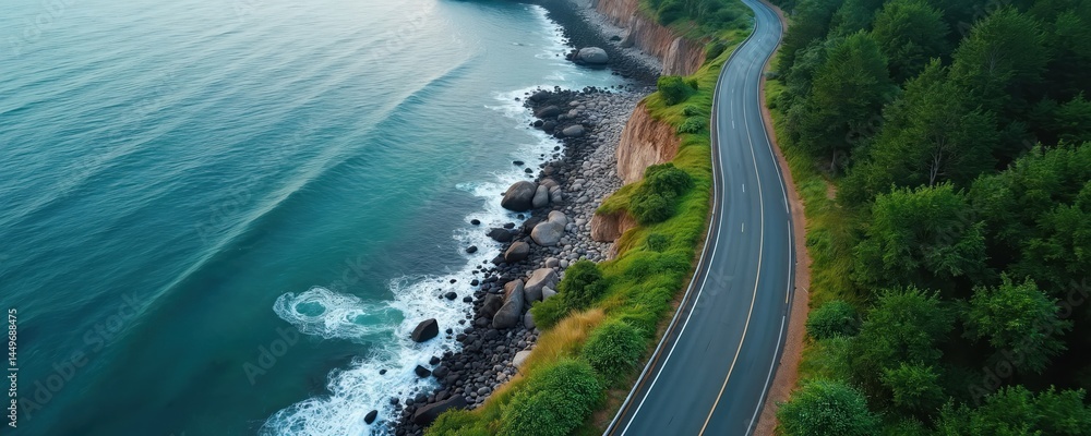 Top-down view of scenic coastal road near ocean. Winding highway next to sea cliffs, forest. Perfect travel destination, transportation route for driving. Scenic coastal drive, journey, explore