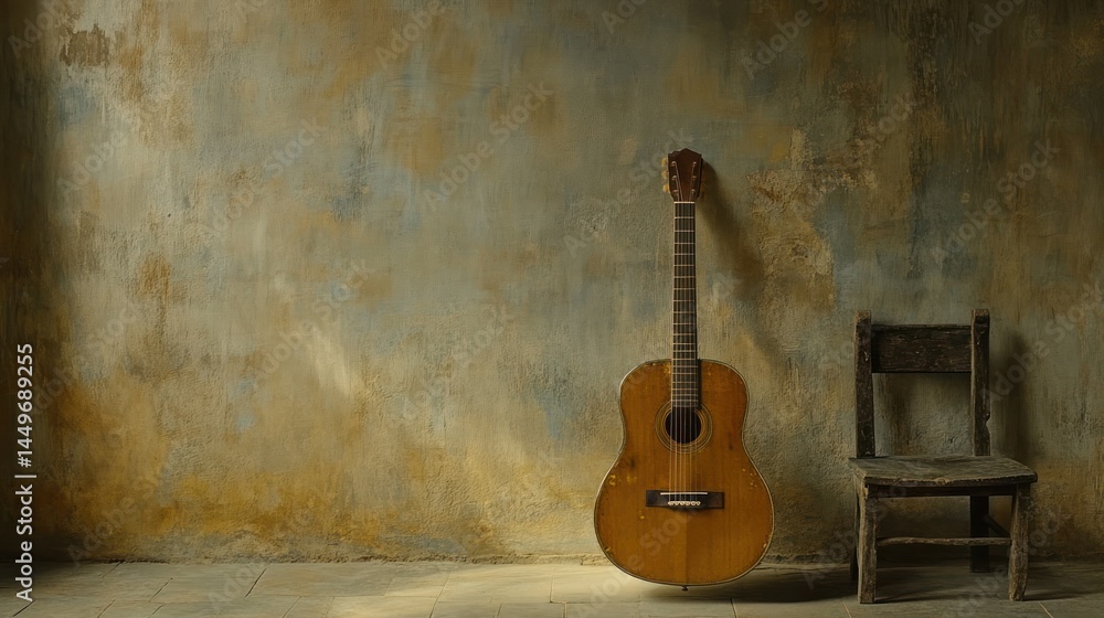 Naklejka premium Acoustic Guitar against Rustic Wall