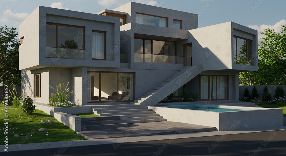 Fototapeta premium A modern, geometric house with a unique design features a pool and multiple levels, surrounded by green grass and trees.