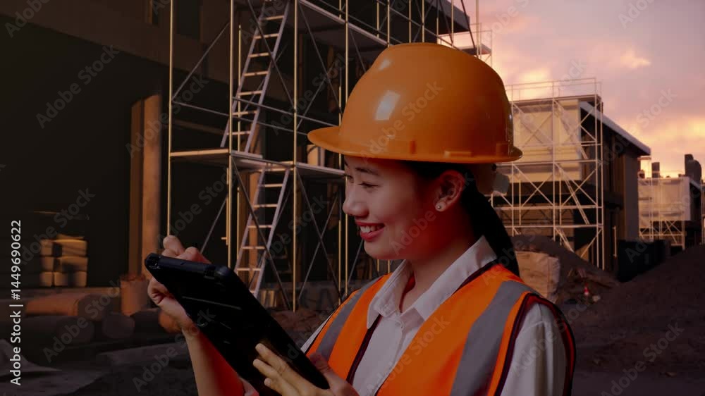 Close Up Side View Of Asian Female Engineer With Safety Helmet Taking Note On The Tablet And Looking Around While Standing At Construction Site in Progress to New House Close Up Side View Of Asian Female Engineer With Safety Helmet Taking Note On The Tablet And Looking Around While Standing At Construction Site in Progress to New House