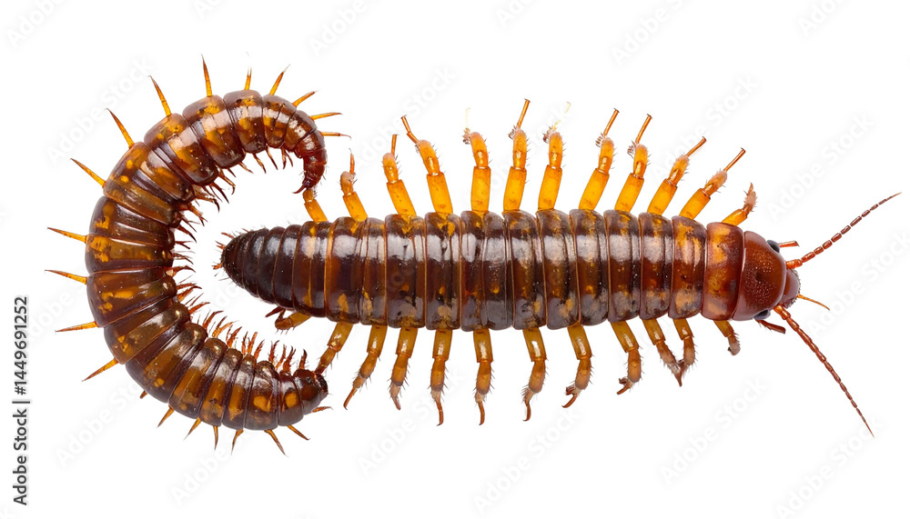 Detailed top view of two centipedes with elongated bodies and legs, cleanly isolated on white Png Detailed top view of two centipedes with elongated bodies and legs, cleanly isolated on white Png