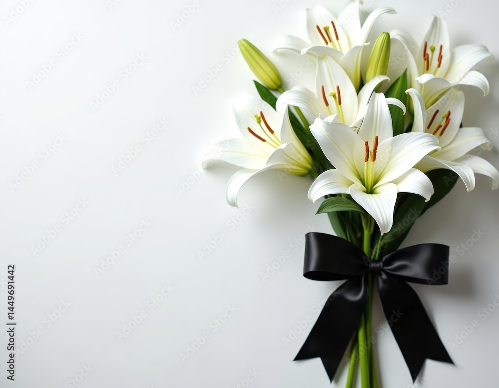 Fototapeta premium Elegant white lilies with black ribbon, bouquet on white background. Funeral, mourning symbol for obituary, farewell services, condolences, invitations. Floral arrangement perfect for sympathy,
