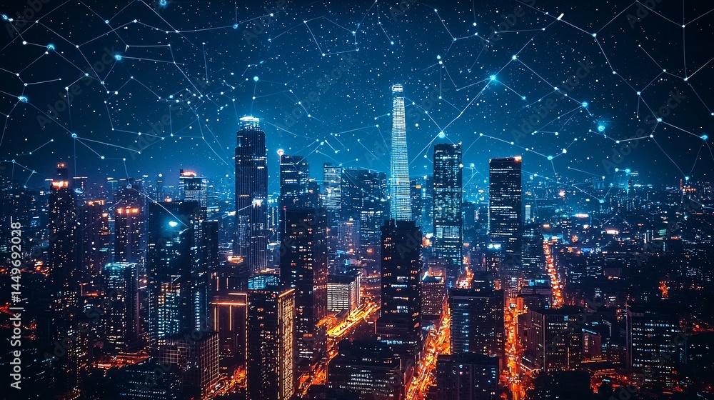 Fototapeta premium Future city night view connection network