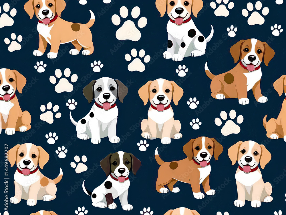 Obraz premium A charming pattern featuring happy cartoon dogs and paw prints on a dark blue background design.