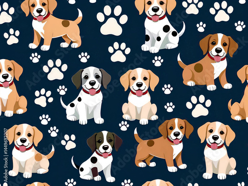 A charming pattern featuring happy cartoon dogs and paw prints on a dark blue background design.