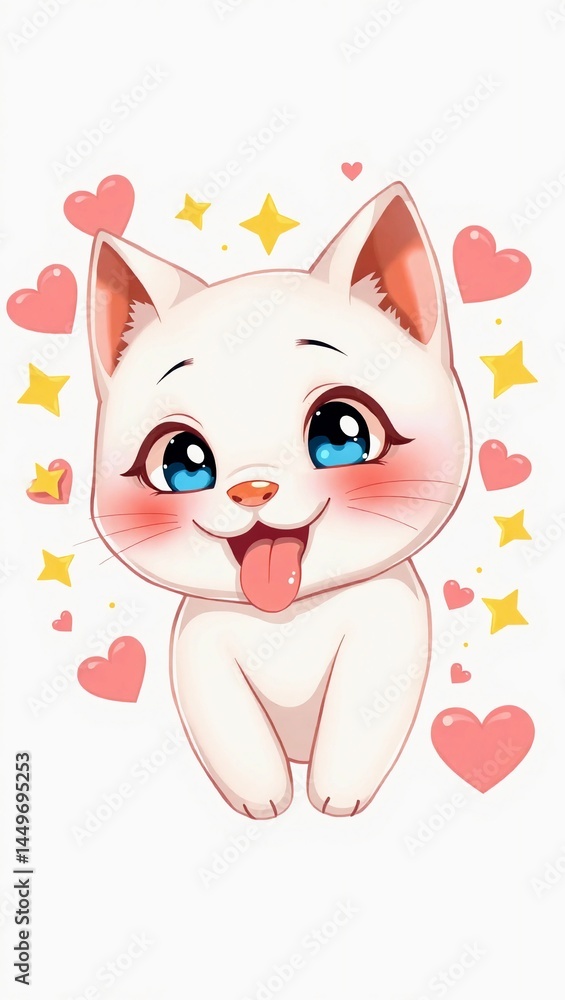 Fototapeta premium cat with hearts smiling cat white cat cute cat anime cat funny cat cartoon cat tongue out cat kawaii cat 