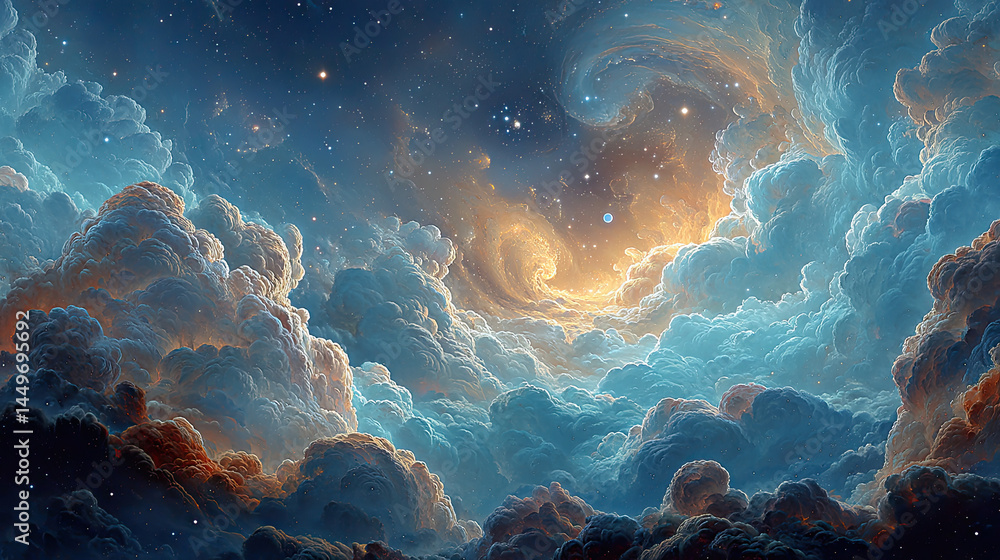 Obraz premium A swirling, dreamy sky filled with illuminated clouds and sparkling stars, evoking a sense of wonder and fantasy.