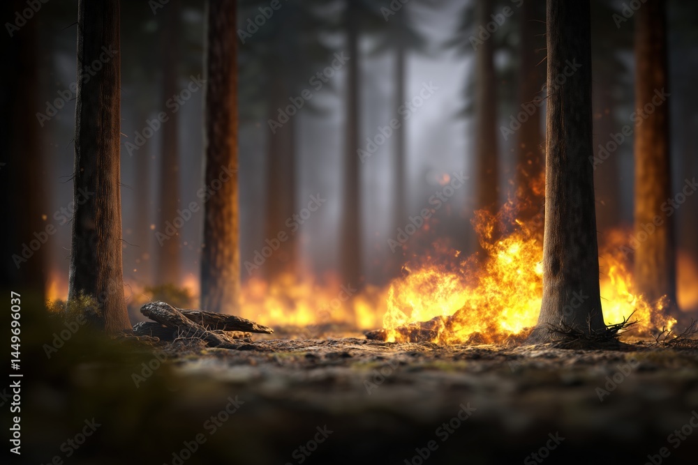 Forest wildfire with flames spreading at ground level. climate disaster or emergency response concept Forest wildfire with flames spreading at ground level. climate disaster or emergency response concept
