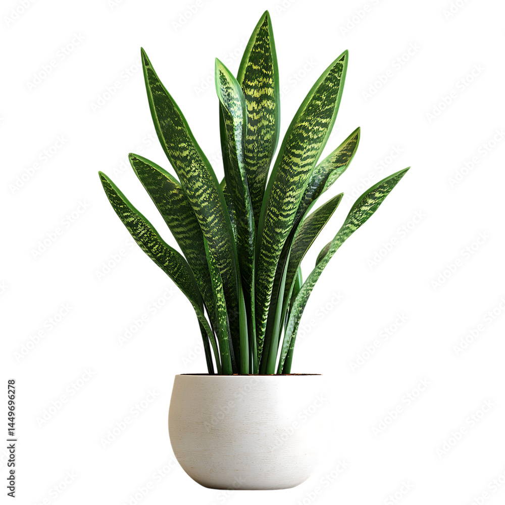 Isolated on white, potted snake plant with tall upright leaves Home decor and interior design catalogs Botanical education and gardening blogs Packaging and stationery floral graphics Isolated on white, potted snake plant with tall upright leaves Home decor and interior design catalogs Botanical education and gardening blogs Packaging and stationery floral graphics