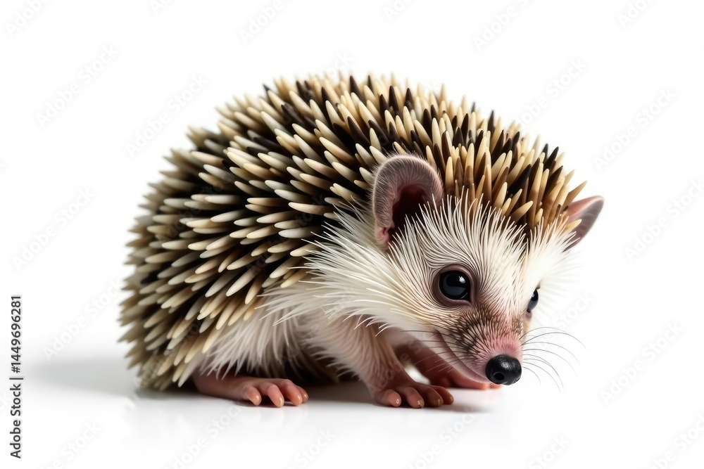 Fototapeta premium A tiny hedgehog, curled in a ball, isolated on pure white background , macro, nature