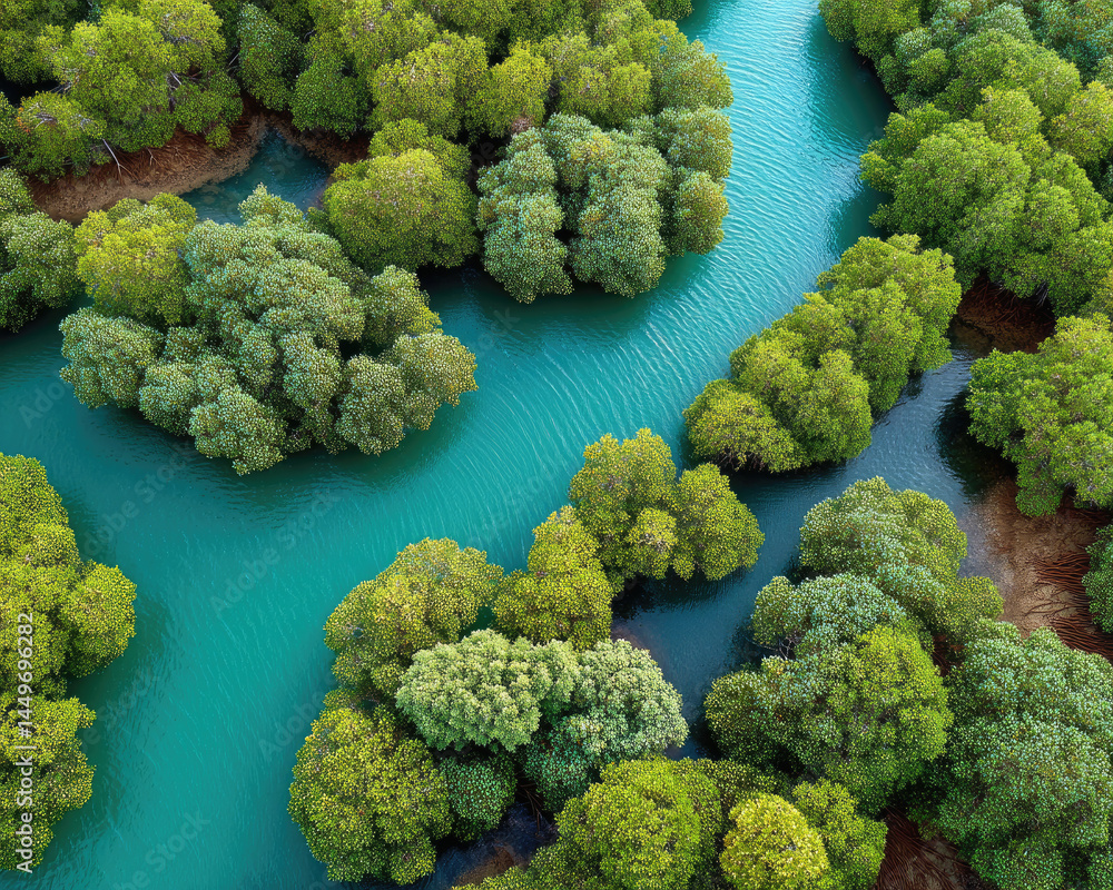 Naklejka premium A winding turquoise river flows through lush green mangrove forests, creating a vibrant and tranquil natural landscape.