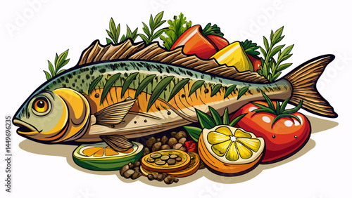 Succulent fish fillet enhanced with roasted vegetables.
Rustic yet refined, full of authentic flavor.
Crisp white background for contrast and clarity.
Great for gourmet meal illustrations.

