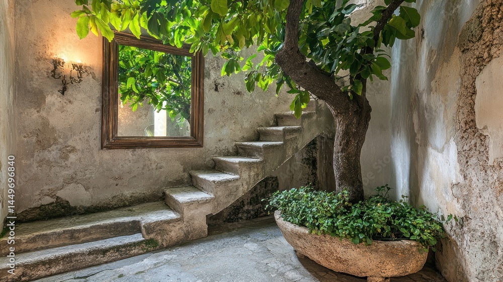 Interior courtyard with weathered stonework and a flourishing tree. Interior courtyard with weathered stonework and a flourishing tree.