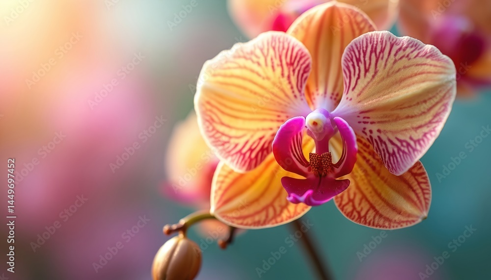 Vibrant orchid bloom. Intricate petal patterns, captivating fuchsia, magenta, orange colors. Delicate exotic flower, macro detail. Botanical illustration, nature art.