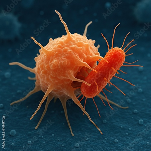 Macrophage attacking and engulfing a bacterium, scientific 3D illustration