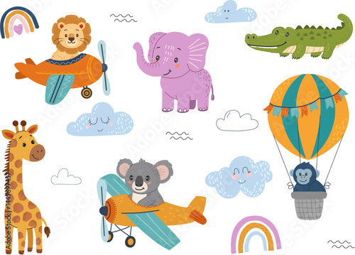 Set of childrens stickers, jungle animals with aircraft in hand drawn, doodle style. Suitable for kids adventures and safari themes. White background with clouds and rainbows.