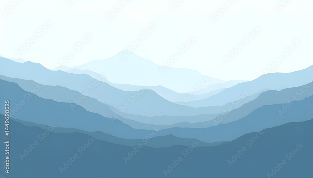 Naklejka premium Abstract misty mountain range with flowing horizontal layers in muted cool tones, minimalist composition on a soft beige background, ideal for modern wall art