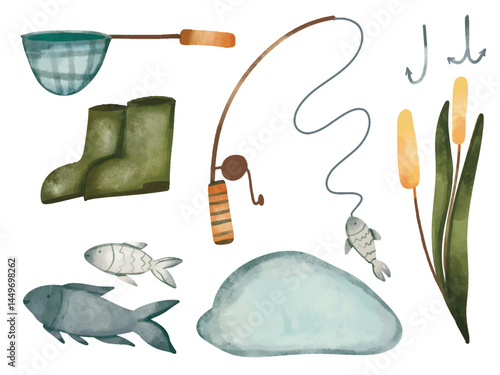 Fishing Tools set of items in watercolor style. Cute fishery baits, fish vector art, fishing rod watercolor style. Fishing tools cute vector illustration