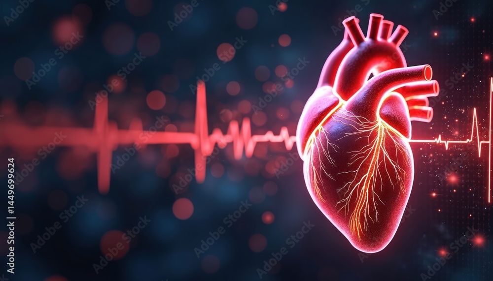AI illustration of human heart with red heartbeat rhythm, cardiogram pulse wave on digital background. Concept of AI tech in real time health management, digital patient monitoring. Medical, science