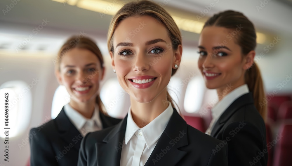 Three flight attendants in uniform smiling aboard passenger plane. Team of women, air hostess, stewardesses ready for service, flight travel, air travel, customer care. Three flight attendants in uniform smiling aboard passenger plane. Team of women, air hostess, stewardesses ready for service, flight travel, air travel, customer care.