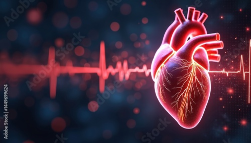 Obraz na płótnie AI illustration of human heart with red heartbeat rhythm, cardiogram pulse wave on digital background. Concept of AI tech in real time health management, digital patient monitoring. Medical, science w salonie