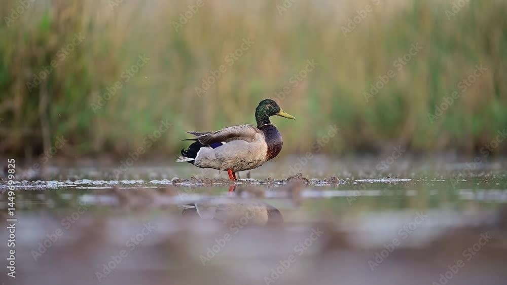 A mallard duck is depicted in the act of bathing in a shallow wetland area. A mallard duck is depicted in the act of bathing in a shallow wetland area.