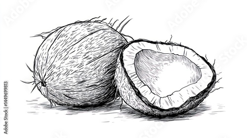 Two coconuts, one whole and one halved, depicted in a detailed line drawing.  The whole coconut shows its rough exterior and  the halved coconut reveals the interior flesh