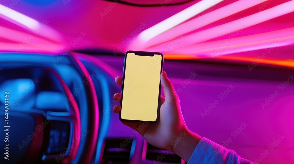 Closeup of hand holding smartphone with white mockup on screen,black mobile phone in hands with blank desktop screen while car driving,Mockup image,Copyspace for text. Closeup of hand holding smartphone with white mockup on screen,black mobile phone in hands with blank desktop screen while car driving,Mockup image,Copyspace for text.