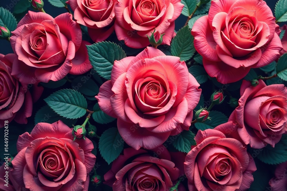 Intricate, repeating rose blooms in vibrant hues, botanical, texture, art Intricate, repeating rose blooms in vibrant hues, botanical, texture, art