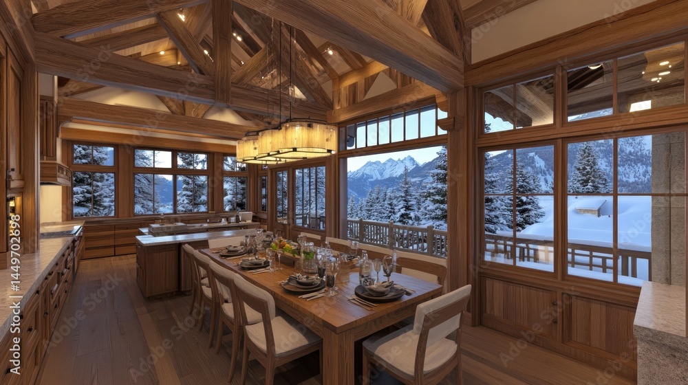Spacious, rustic-style dining area with panoramic mountain views. Spacious, rustic-style dining area with panoramic mountain views.