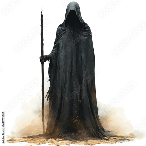 Mysterious Cloaked Traveler, watercolor vector, isolated on a white background.
